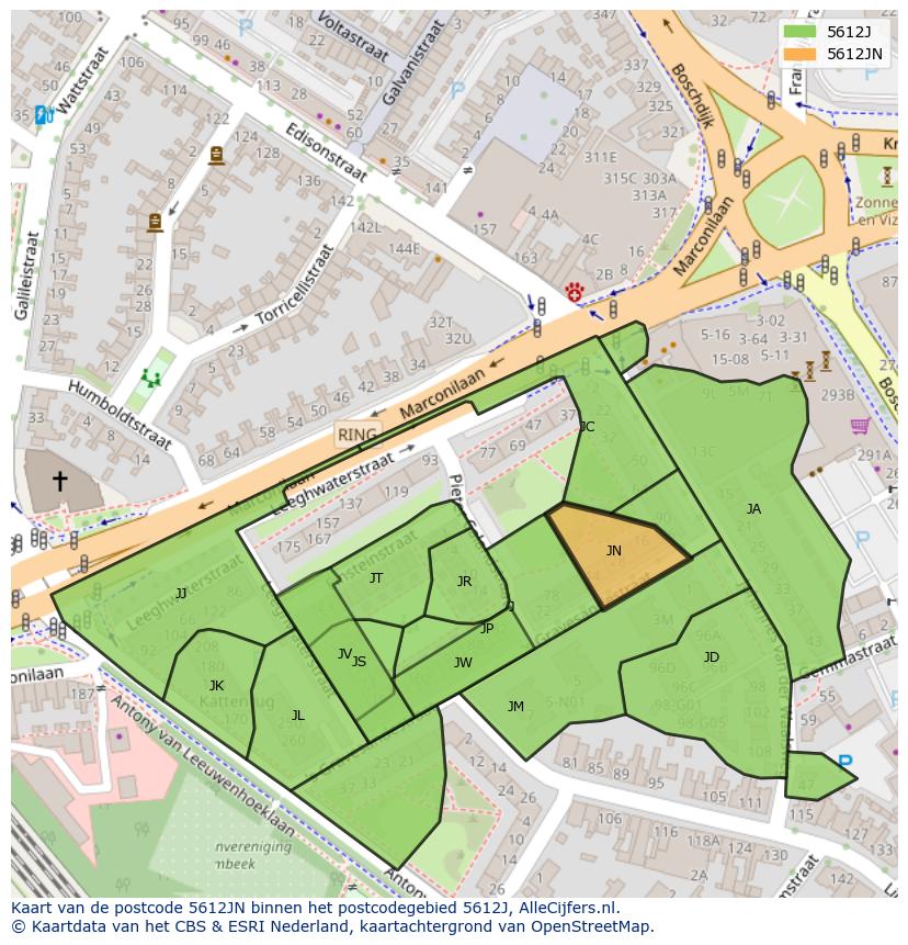 Afbeelding van het postcodegebied 5612 JN op de kaart.