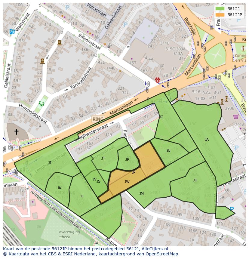 Afbeelding van het postcodegebied 5612 JP op de kaart.