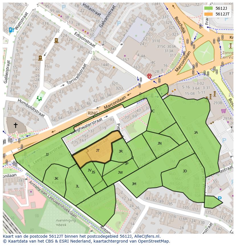 Afbeelding van het postcodegebied 5612 JT op de kaart.