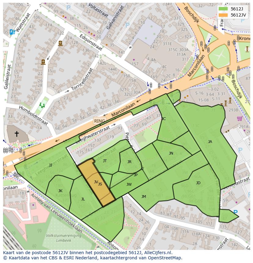 Afbeelding van het postcodegebied 5612 JV op de kaart.