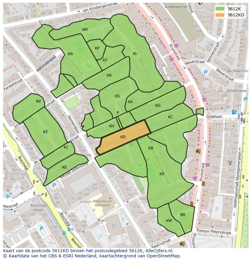 Afbeelding van het postcodegebied 5612 KD op de kaart.