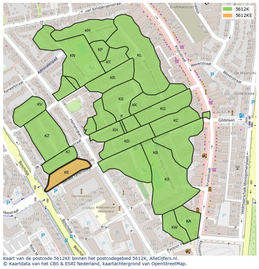 Afbeelding van het postcodegebied 5612 KE op de kaart.