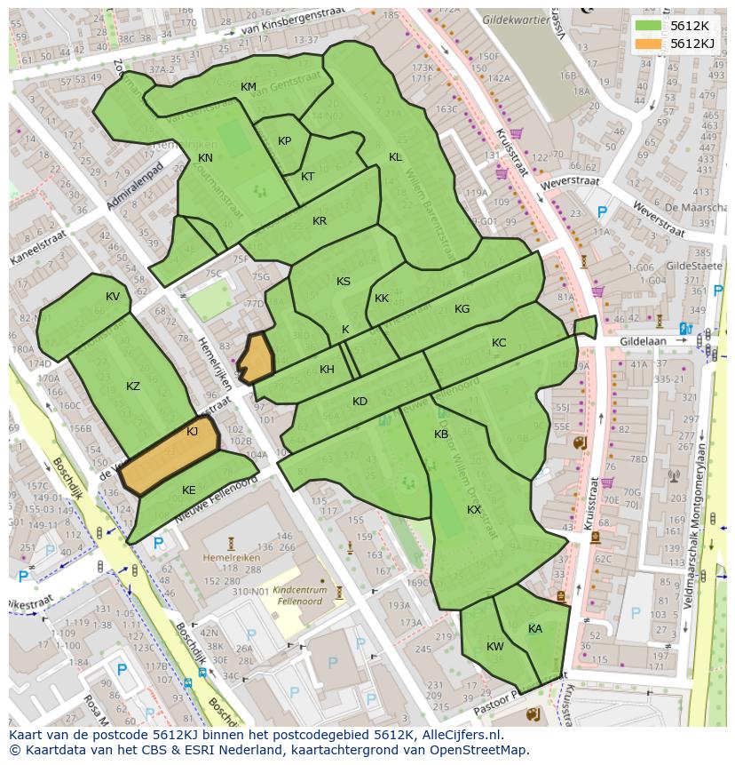 Afbeelding van het postcodegebied 5612 KJ op de kaart.