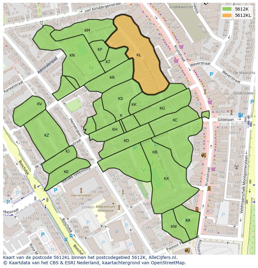 Afbeelding van het postcodegebied 5612 KL op de kaart.