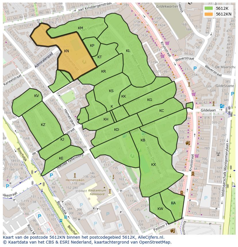 Afbeelding van het postcodegebied 5612 KN op de kaart.