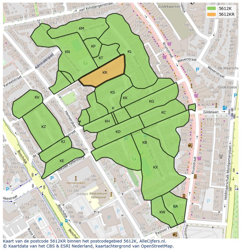 Afbeelding van het postcodegebied 5612 KR op de kaart.