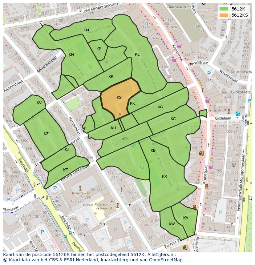 Afbeelding van het postcodegebied 5612 KS op de kaart.