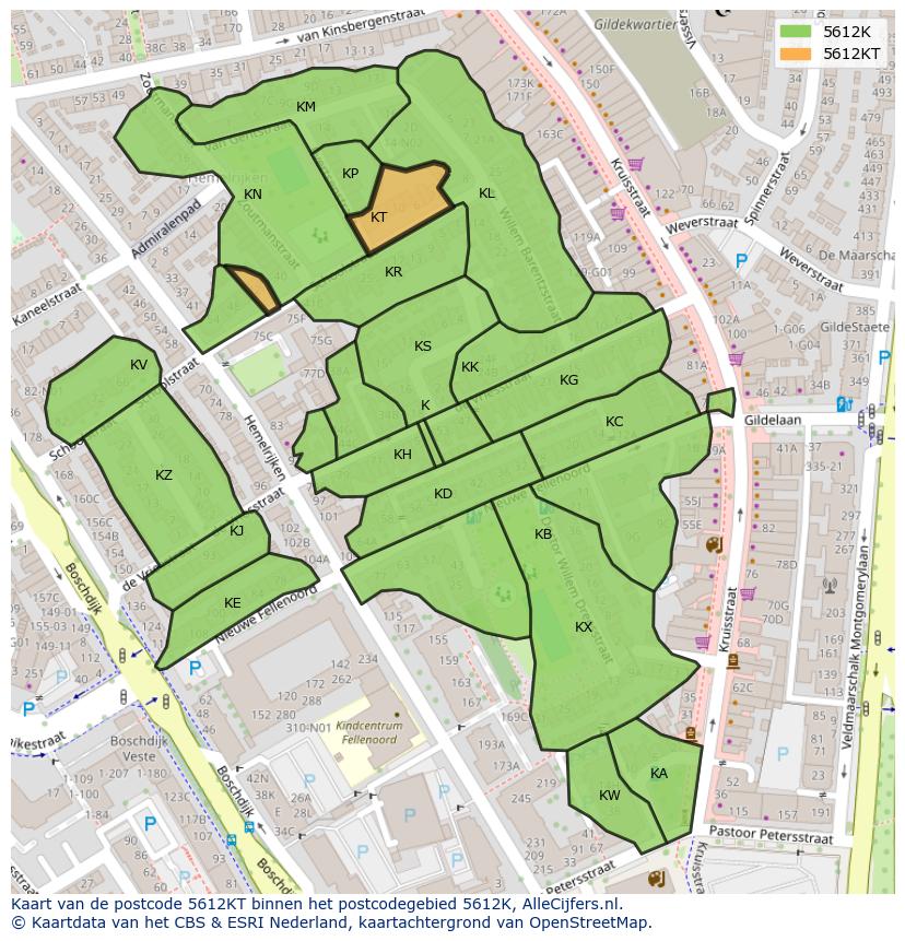 Afbeelding van het postcodegebied 5612 KT op de kaart.