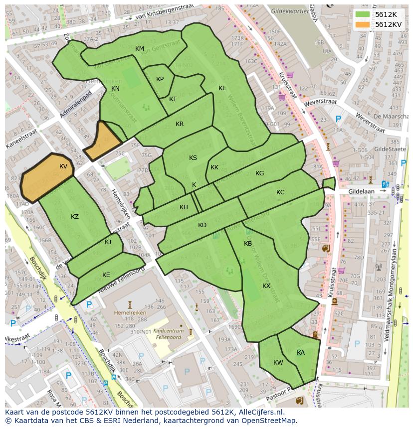Afbeelding van het postcodegebied 5612 KV op de kaart.