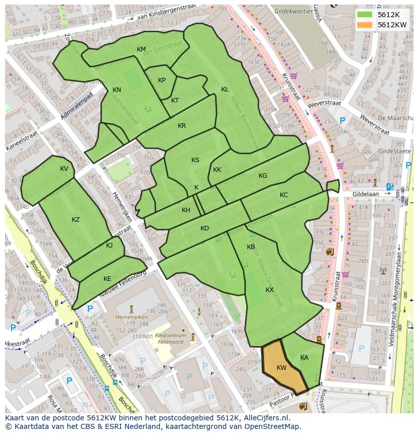 Afbeelding van het postcodegebied 5612 KW op de kaart.