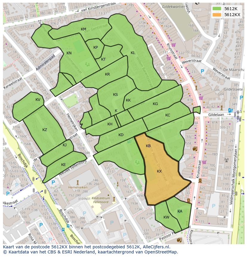 Afbeelding van het postcodegebied 5612 KX op de kaart.