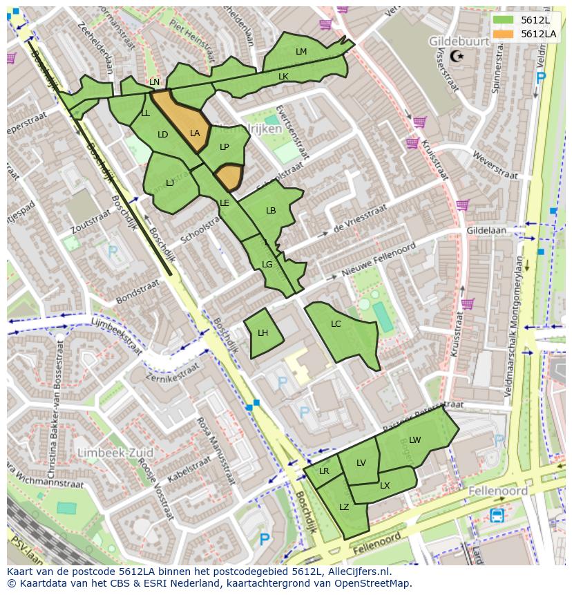 Afbeelding van het postcodegebied 5612 LA op de kaart.
