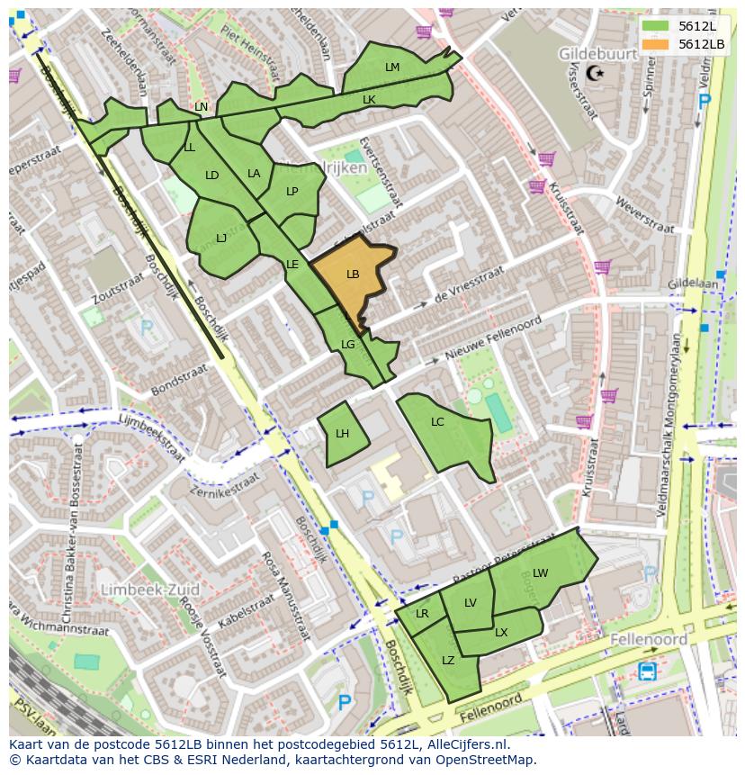 Afbeelding van het postcodegebied 5612 LB op de kaart.