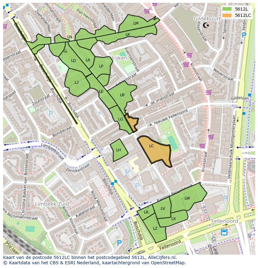Afbeelding van het postcodegebied 5612 LC op de kaart.