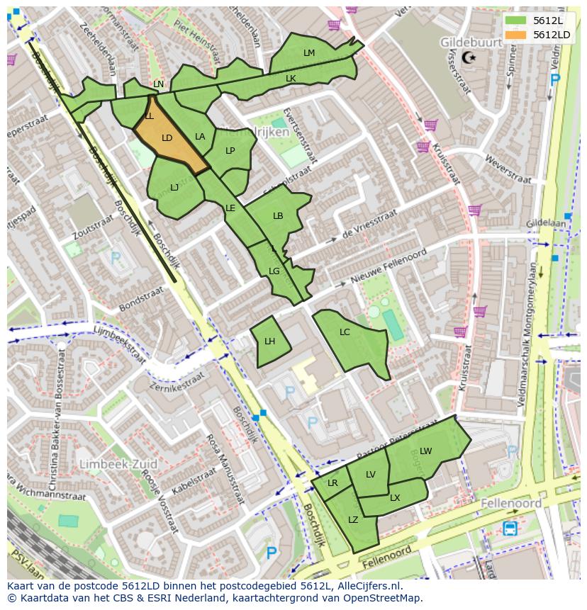 Afbeelding van het postcodegebied 5612 LD op de kaart.