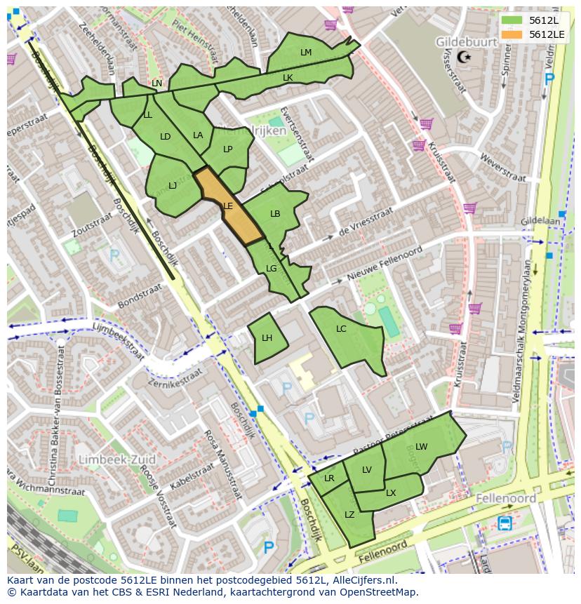 Afbeelding van het postcodegebied 5612 LE op de kaart.