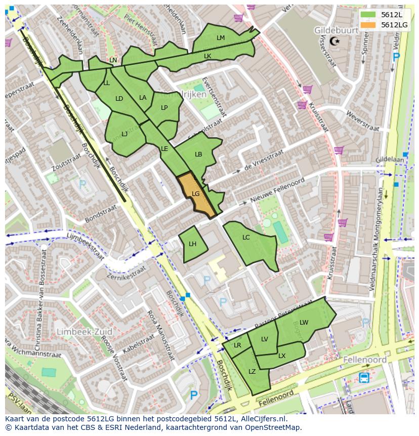 Afbeelding van het postcodegebied 5612 LG op de kaart.
