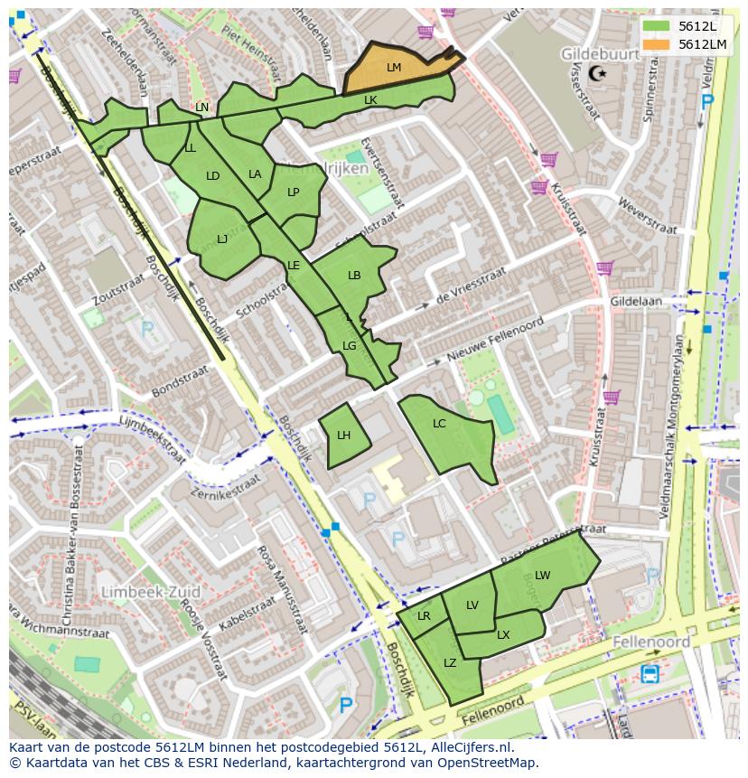 Afbeelding van het postcodegebied 5612 LM op de kaart.