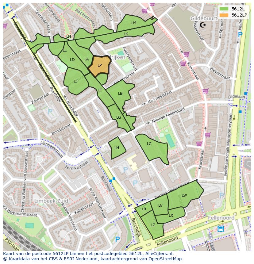 Afbeelding van het postcodegebied 5612 LP op de kaart.