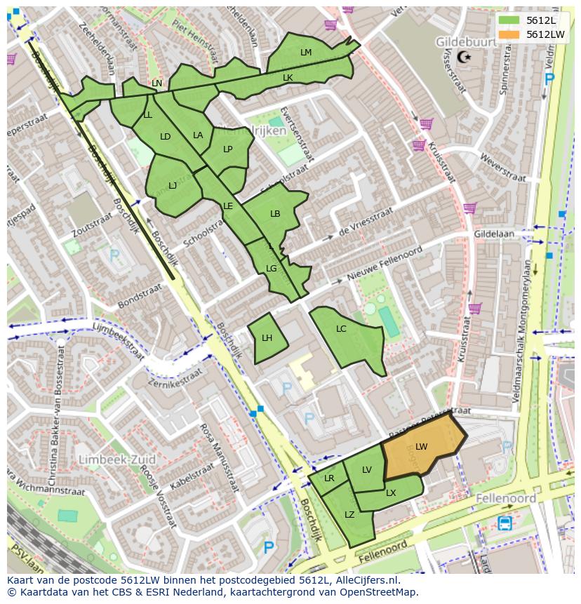 Afbeelding van het postcodegebied 5612 LW op de kaart.