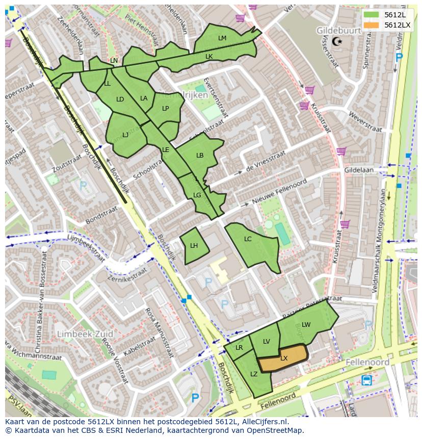 Afbeelding van het postcodegebied 5612 LX op de kaart.
