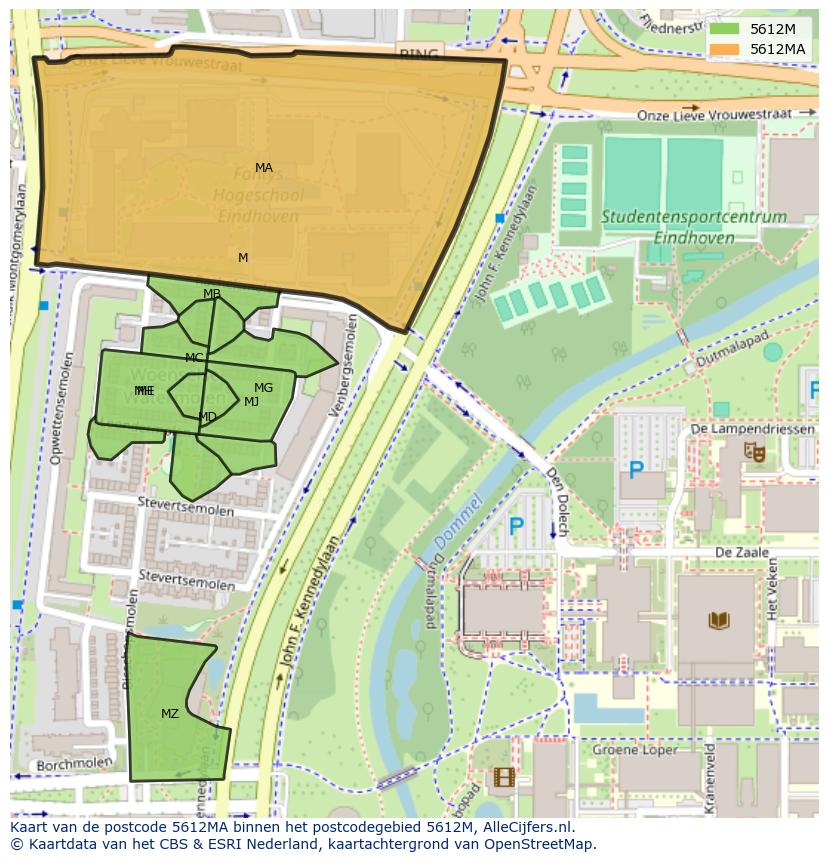 Afbeelding van het postcodegebied 5612 MA op de kaart.