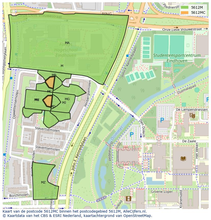 Afbeelding van het postcodegebied 5612 MC op de kaart.