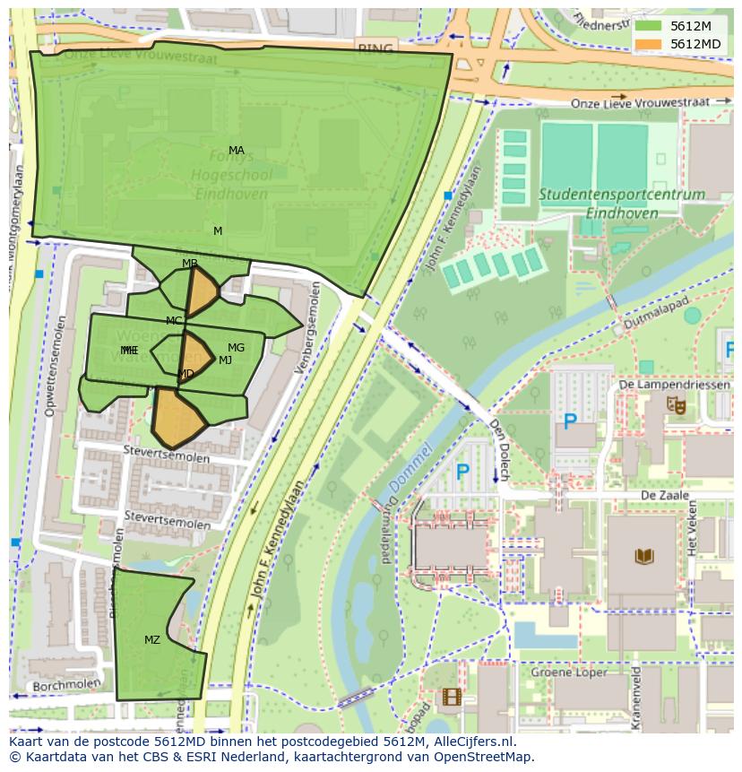 Afbeelding van het postcodegebied 5612 MD op de kaart.