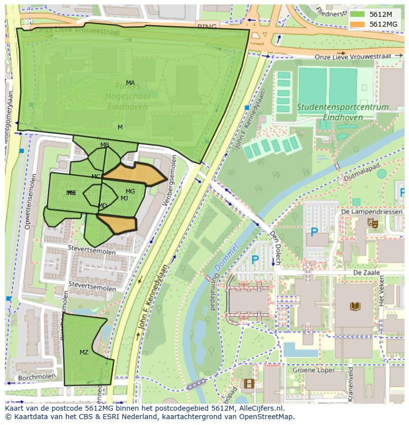 Afbeelding van het postcodegebied 5612 MG op de kaart.