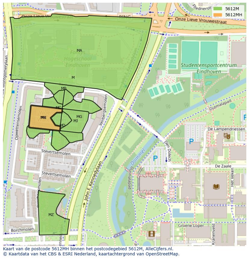 Afbeelding van het postcodegebied 5612 MH op de kaart.