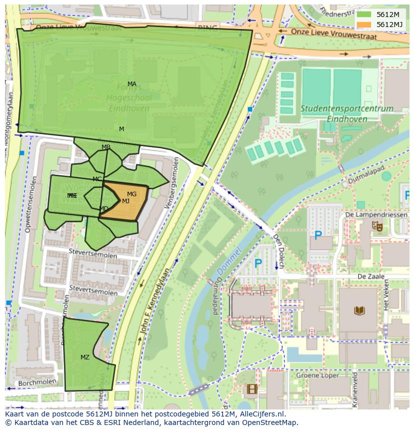 Afbeelding van het postcodegebied 5612 MJ op de kaart.