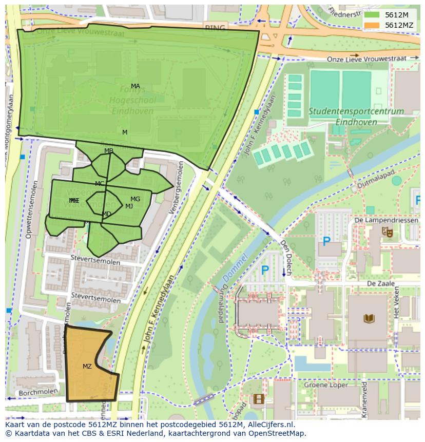 Afbeelding van het postcodegebied 5612 MZ op de kaart.