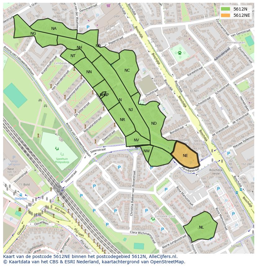 Afbeelding van het postcodegebied 5612 NE op de kaart.