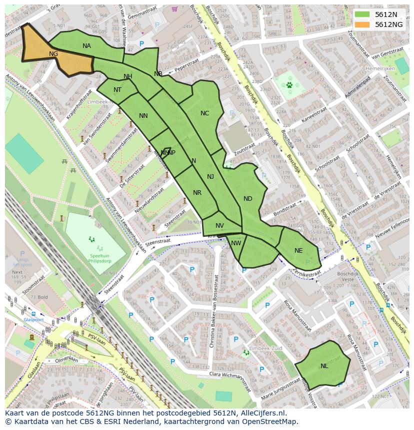 Afbeelding van het postcodegebied 5612 NG op de kaart.