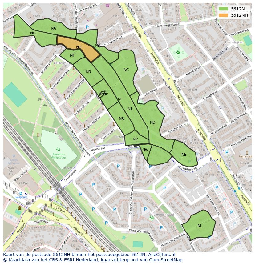 Afbeelding van het postcodegebied 5612 NH op de kaart.