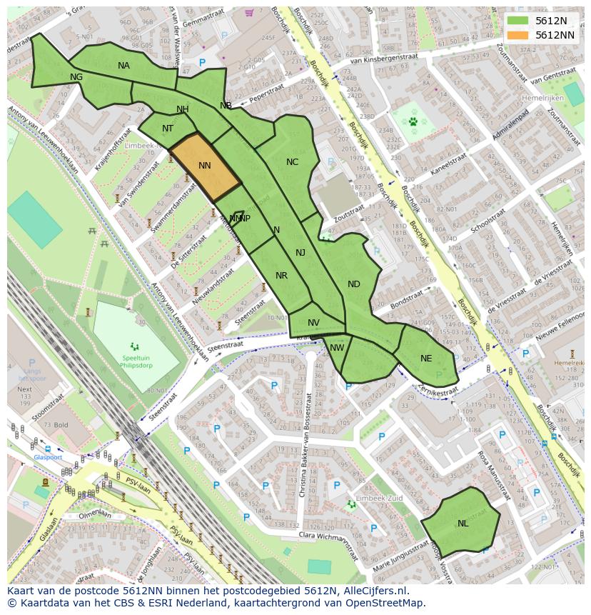 Afbeelding van het postcodegebied 5612 NN op de kaart.