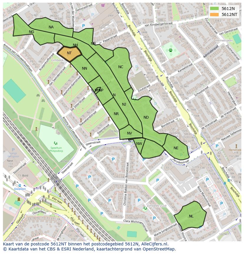 Afbeelding van het postcodegebied 5612 NT op de kaart.