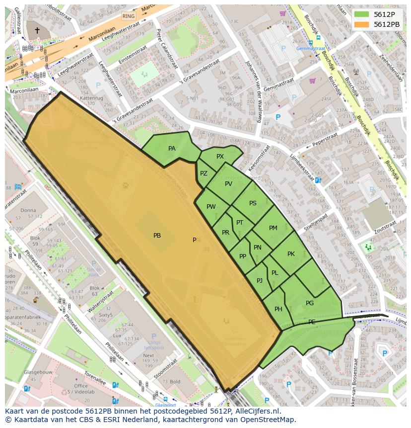 Afbeelding van het postcodegebied 5612 PB op de kaart.