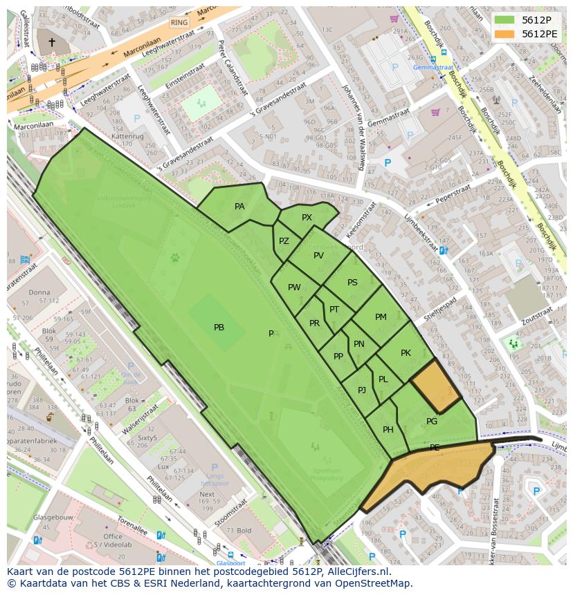 Afbeelding van het postcodegebied 5612 PE op de kaart.