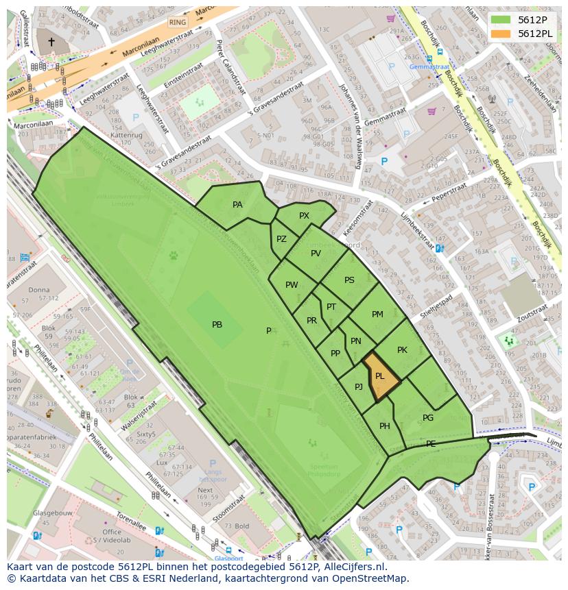 Afbeelding van het postcodegebied 5612 PL op de kaart.