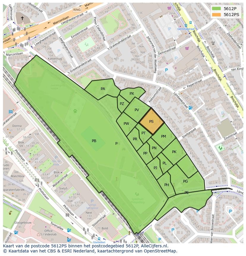 Afbeelding van het postcodegebied 5612 PS op de kaart.