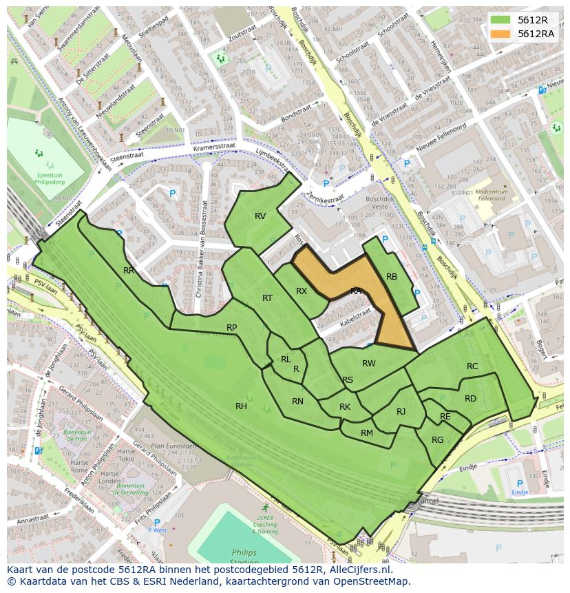 Afbeelding van het postcodegebied 5612 RA op de kaart.