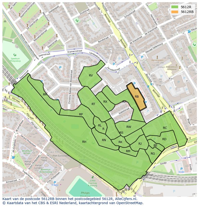 Afbeelding van het postcodegebied 5612 RB op de kaart.