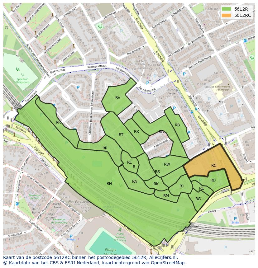 Afbeelding van het postcodegebied 5612 RC op de kaart.