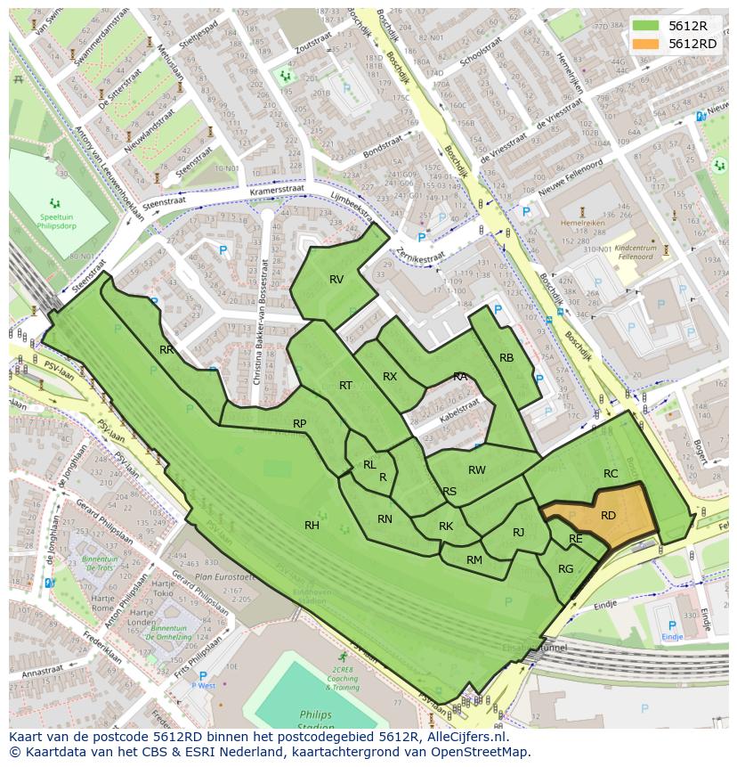 Afbeelding van het postcodegebied 5612 RD op de kaart.