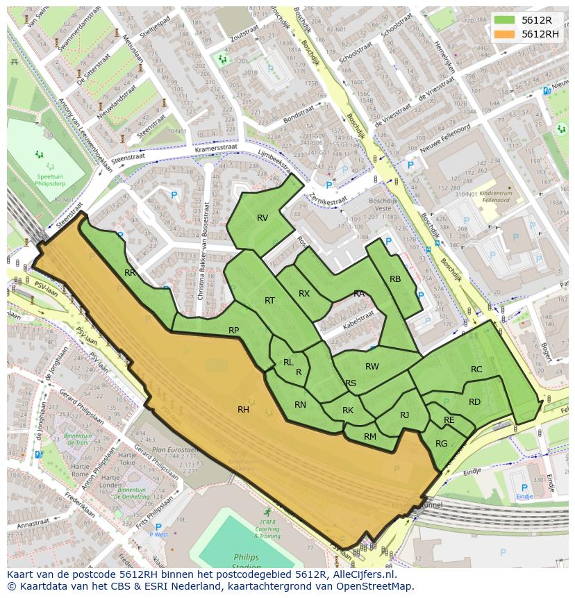 Afbeelding van het postcodegebied 5612 RH op de kaart.
