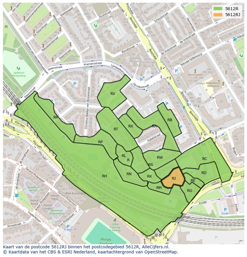 Afbeelding van het postcodegebied 5612 RJ op de kaart.