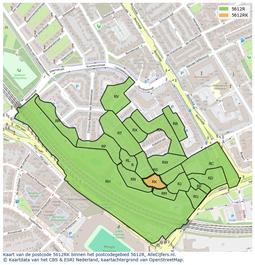 Afbeelding van het postcodegebied 5612 RK op de kaart.