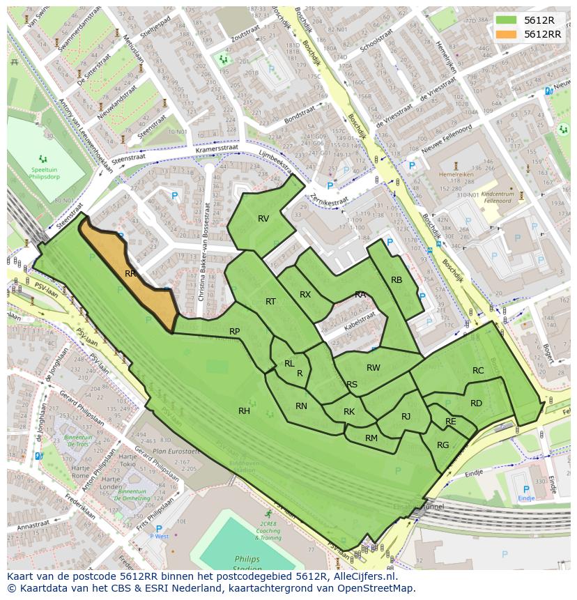 Afbeelding van het postcodegebied 5612 RR op de kaart.
