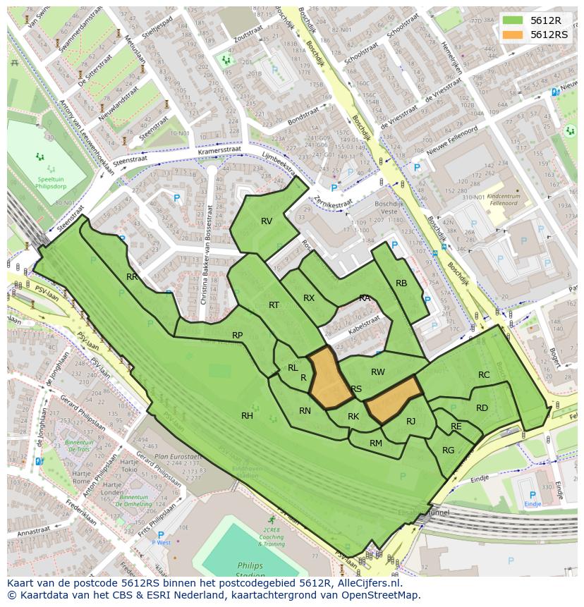 Afbeelding van het postcodegebied 5612 RS op de kaart.